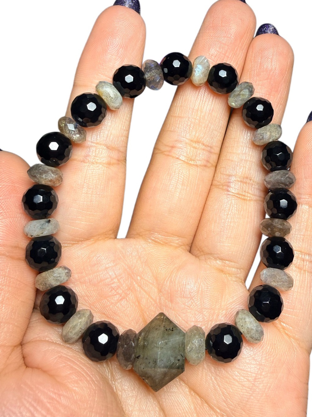 8mm Faceted Black Onyx & Labradorite Beaded Stretch Bracelet
